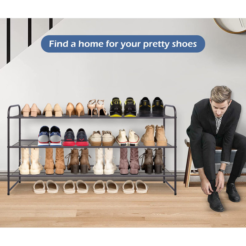 3-Tier Shoe Rack For Closet Floor Entryway, Wide Shoe Storage Organizer Stackable Metal Shoe Shelf For 24 Pairs Men Sneakers With Wire Grid For Bedroom, Bronze