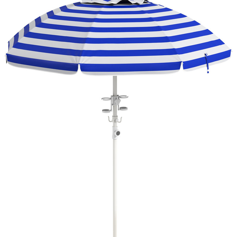 Parasol portatif de 40 ans et plus, système de gestion réglable et inclinable, auvent protégé, 2 crochets pour porte-gobelets, mécanisme de contrôle de la hauteur ventilé à rayures bleues et blanches,