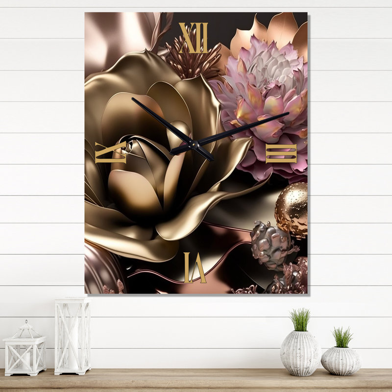Horloge florale en métal rose et doré Glam Flowers IV, Très petit