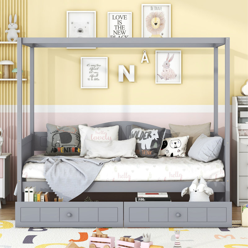 Twin Size Canopy Day Bed With 2 Drawers, Gray, Gray