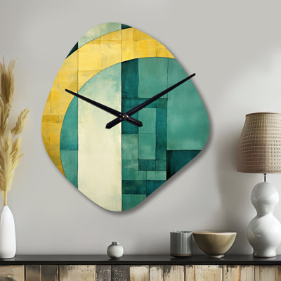 Emerald And Golden Arches I - Abstract Shapes Asymmetrical Metal Clock, Modern Irregular Shape Wall Clock Print