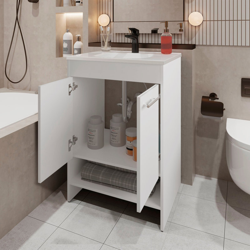 Meuble-lavabo 2 portes avec rangement ouvert, Blanc, Blanc