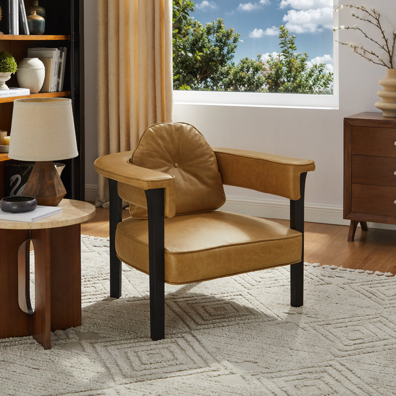 35.43'' W Vintage Genuine Leather Accent Armchair with removable back cushion, Brown Genuine Leather, Black