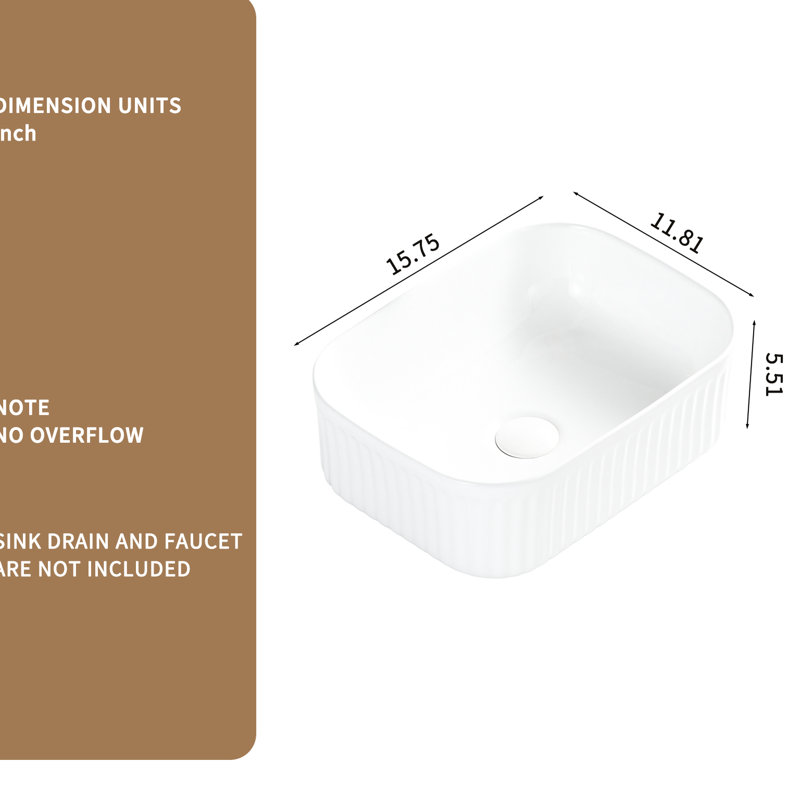 Lavabo de salle de bain rectangulaire en céramique blanc laiteux au comptoir avec finition mate, idéal pour un usage familial, pour les taches, surface solide facile à nettoyer, profondeur de 15,94 po, largeur de 11,53 po, hauteur de 5,54 po, poids de 17,13 lb
