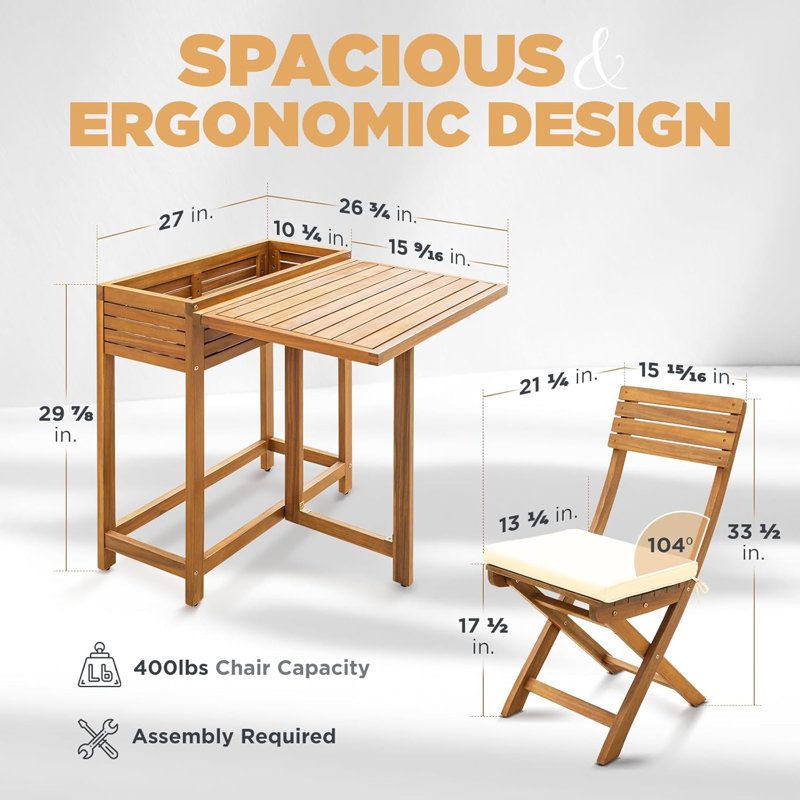 2 - Person Wood Patio Dining Set with Extendable Rectangular Table , Cushions Included