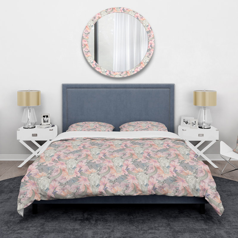 Crâne de taureau et fleurs roses - Ensemble de housse de couette traditionnel - Microfibre de polyester