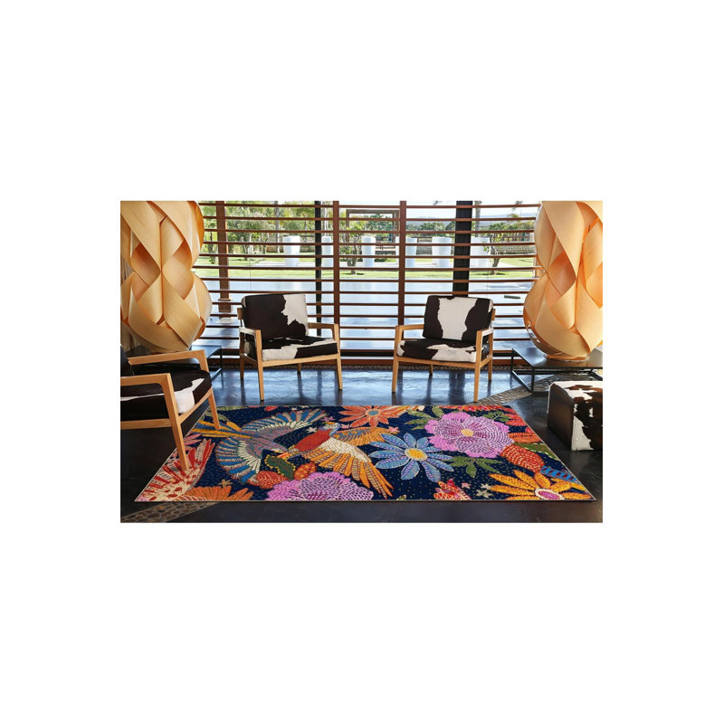 Tapis décoratif moderne multicolore bleu marine à motif floral, Sous-tapis carré 3 pi 3 po inclus