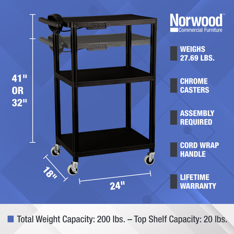 Versatile Mobile Utility Cart with Adjustable Shelves and Power Strip, Black