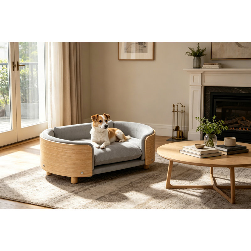 Lit pour chien surélevé de style scandinave avec pattes en bois massif et dossier en bois courbé, 9.85" H x 30.7" W x 20.8" D