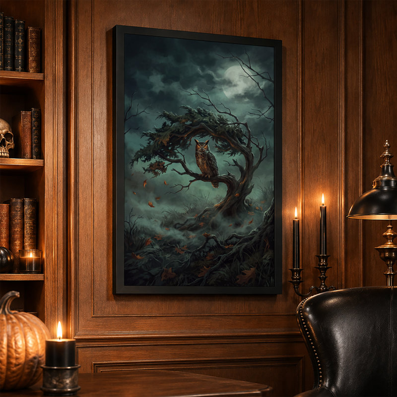 Hibou perché sur une branche d'arbre noueuse sous une toile murale d'Halloween, H 36 po x l 24 po
