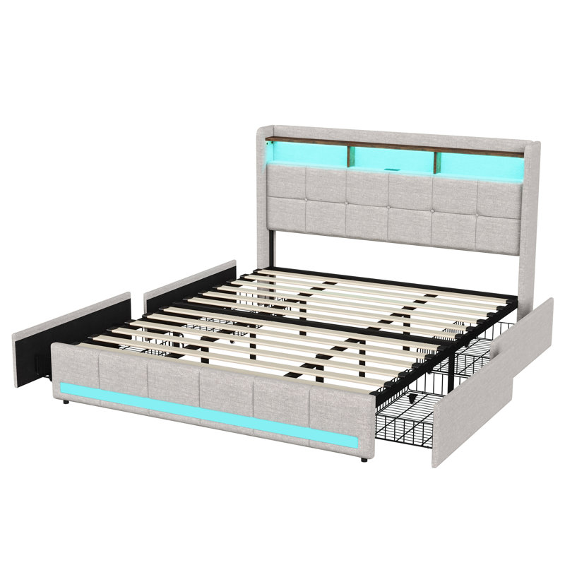 Upholstered Storage Bed, Beige, European Kingsize (160 x 200 cm)
