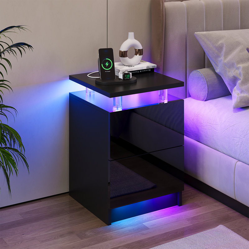Kelsch 15" W 2-Drawer LED Nightstand, Black
