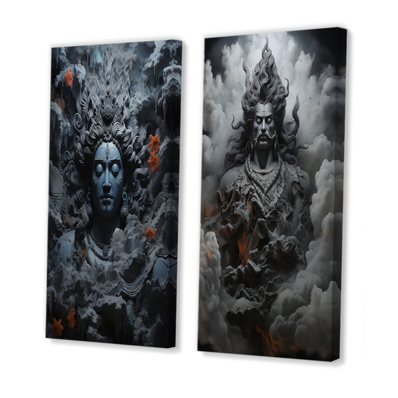 Hindouisme Rudras Stormy Slate - ensemble de 2 décorations murales de l'hindouisme, Toile tendue, H 40 po x l 41 po