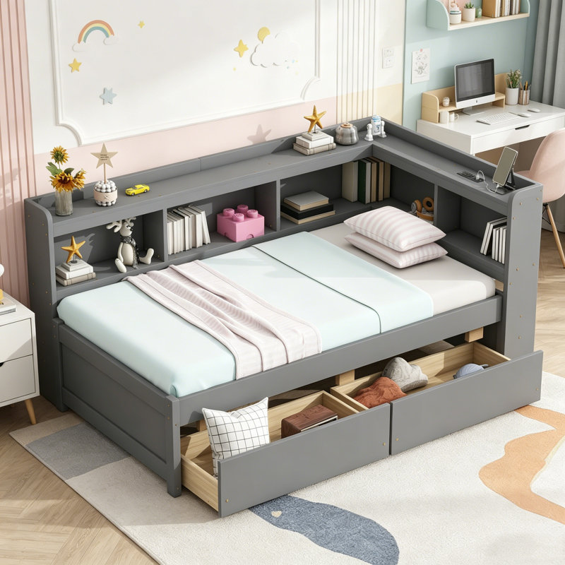Twin Size Bed With L-Shaped Bookcases,Power Outlets, USB Charging Ports,Two Drawers, Gray