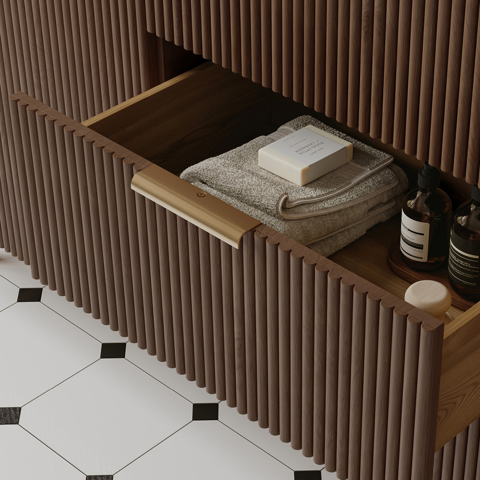 Nova 60" Carrara Marble Double Bathroom Vanity, Brown Reeded