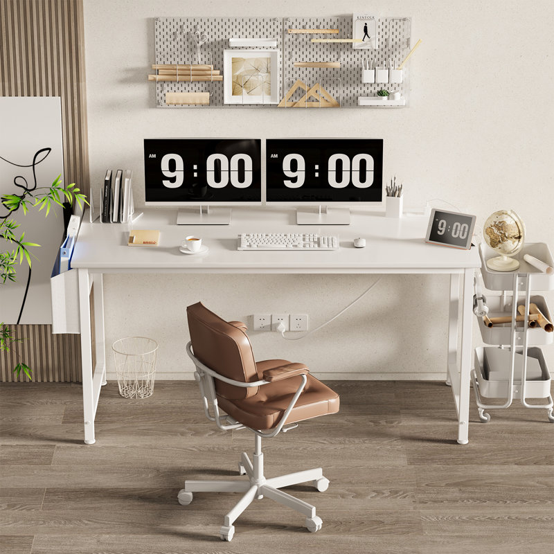 Bureau d'écriture rectangulaire avec prises de courant, Blanc, H 29,52 po x l 55,1 po x P 18,9 po