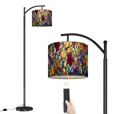 Arc Floor Lamp with Adjustable Lampshade Butterflies Blossoms Pastel Vivid Colors Standing Lamp 3 Color Temperatures Dimmable Tall Pole Lamp with Foot Switch for Bedroom