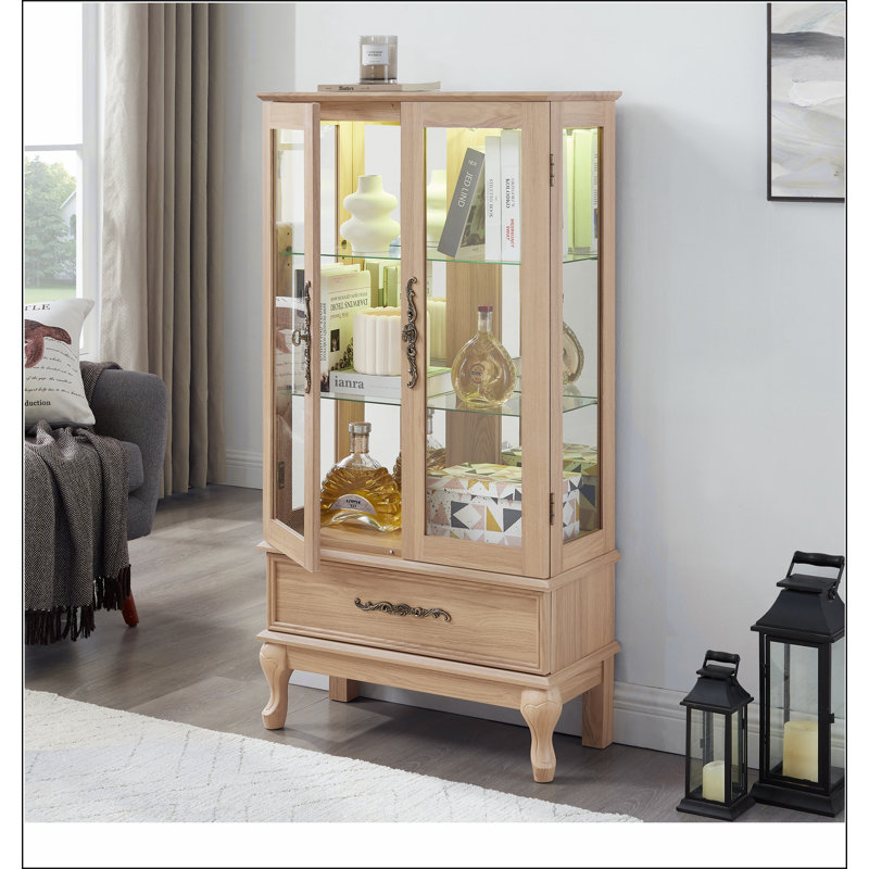 Lighted Curio Cabinet - Elegant Glass Display Cabinet with Adjustable Shelves, 2 Doors, and 1 Drawer - Wine Storage Sideboard with Included Bulb