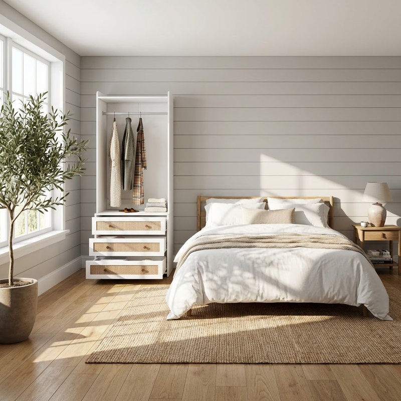 Modern Rattan-Accent Wardrobe with Three Drawers