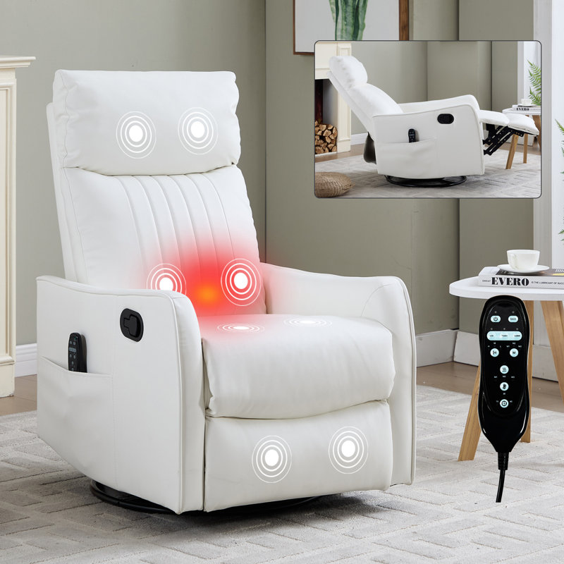 Heat Massage Manual Recliner Chair With Rocker And Swivel In Faux Leather For Living Room, White