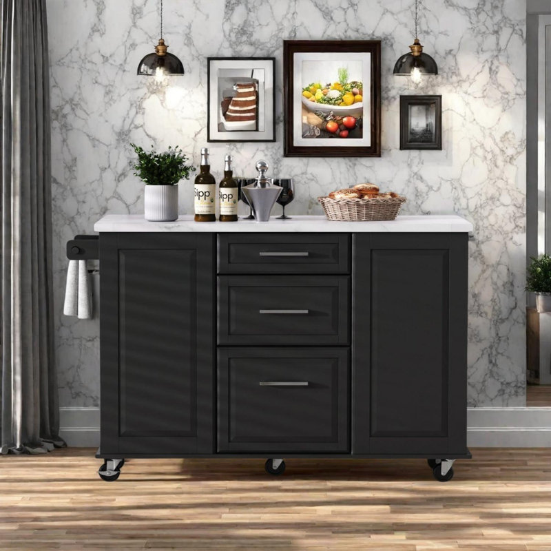 50.7" Kitchen Island with Storage and Tilt Trash Can Cabinet, Black