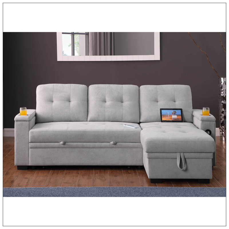 Canapé-lit modulaire réversible de 84 po en tissu tissé gris avec méridienne de rangement, bras de rangement, porte-gobelet, ports de chargement, poches latérales et siège à ressorts ensachés