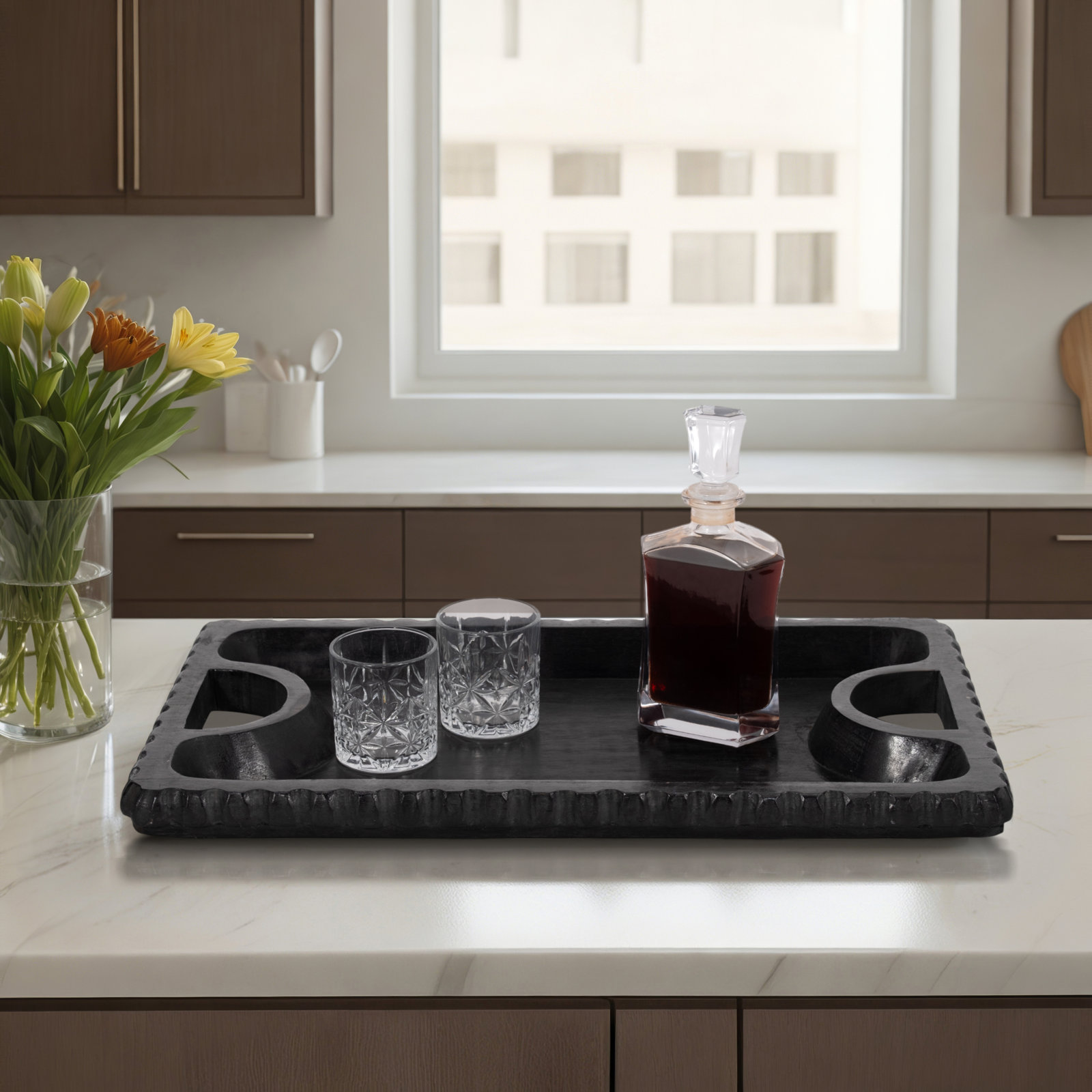 Sagebrook Home Colbin Wooden Scalloped Edge Tray, Black