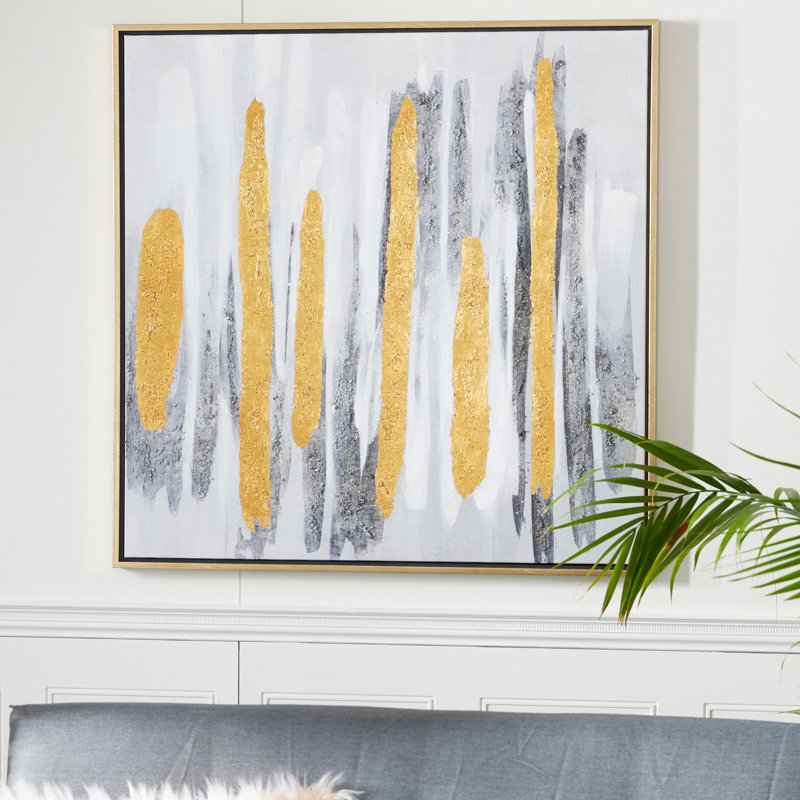 XL Gray and Gold Abstract Canvas Wall Art with Metal Frame