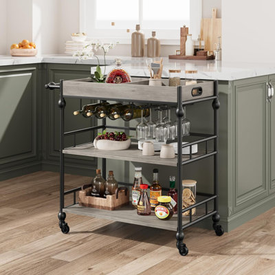 3-Tier Rolling Bar Cart With Wheels, Metal Serving Cart With Wine Rack & Removable Tray
