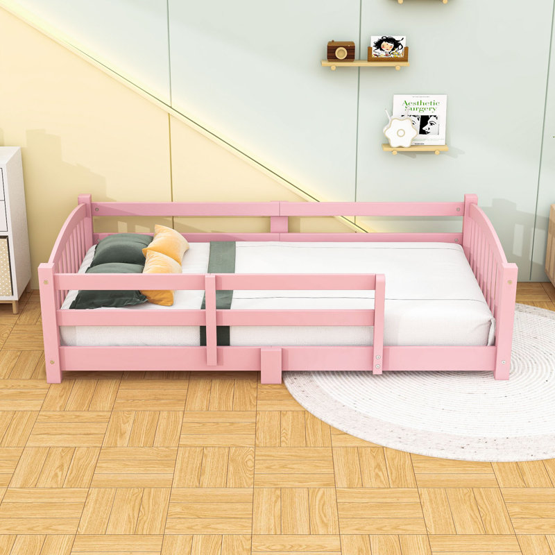 Wood Floor Bed with Safety Guardrails, Twin, Pink