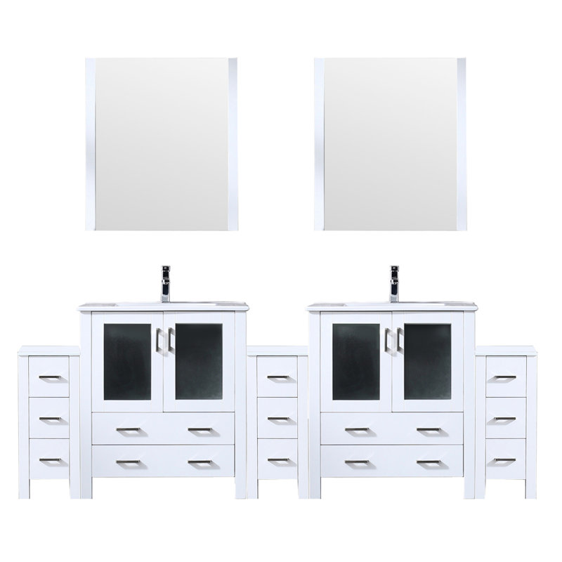 Meuble-lavabo double 96 po Blanc, comptoir en céramique, armoires latérales, 28 miroirs, robinet - plateau durable avec fond rayé