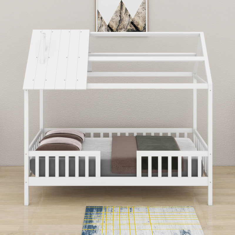 Twin Wood House Bed With Fence, White