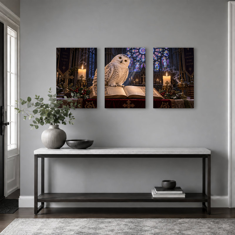 " Snowy Owl on Open Book in Candlelit Christmas " 3 Piece Art, 60"W x 30"H Overall - 3 Panels
