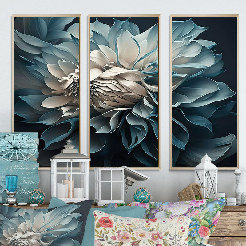 Fleurs de dahlia bleu et blanc Desislava I - impression de 3 pièces, Encadrement brun, L 48 po x H 32 po