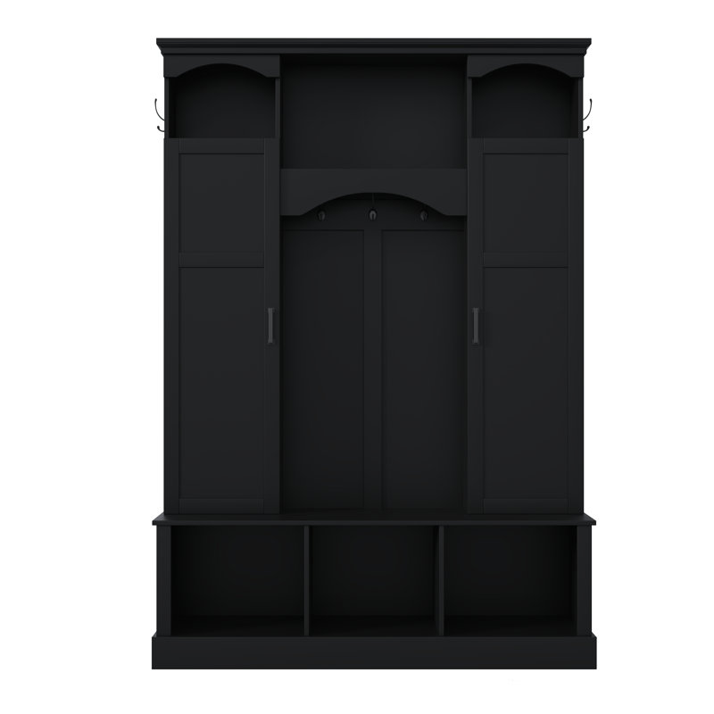 Modern All-In-One Hall Tree With Adjustable Shelves, Classic Arched Farmhouse Storage Bench With Dual Side Cabinets, Elegant Entryway Organizer With 7 Hooks For Mudroom, Hallway, Black