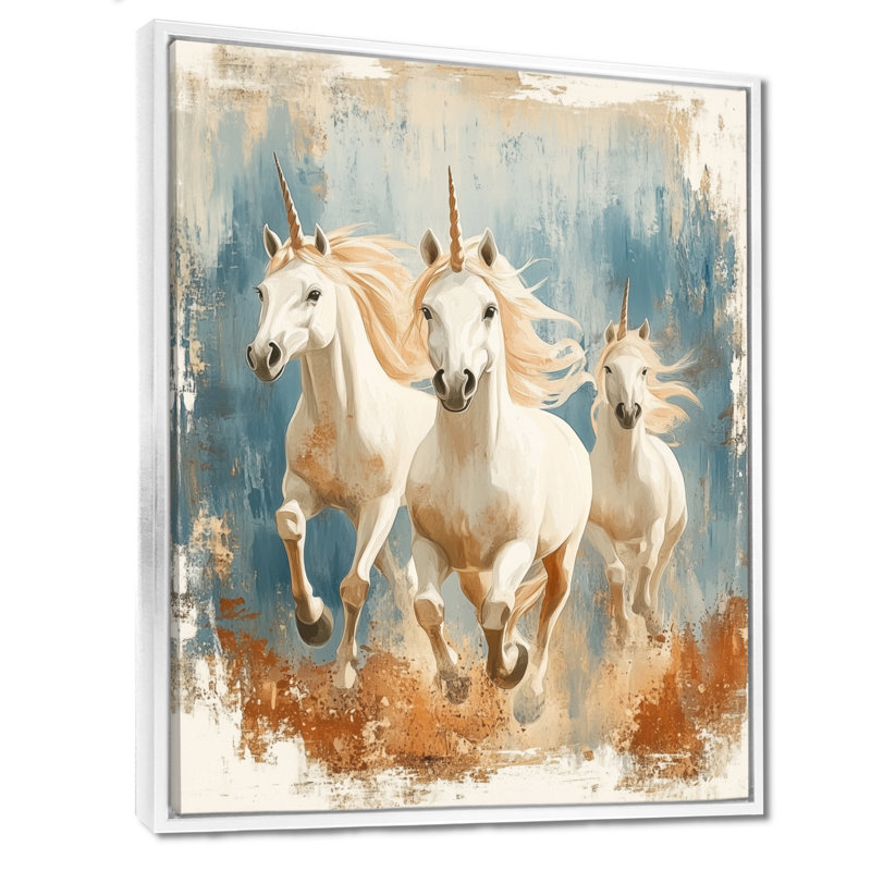 Trio de licornes au galop - Affiche encadrée de licornes, H 32 po x l 16 po, Cadre flottant blanc