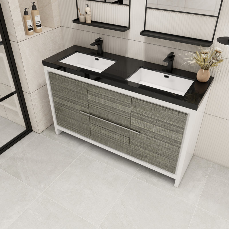 Bayyinahi 58.82'' Double Bathroom Vanity with Plastic Top, High Gloss Ash Gray