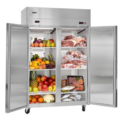 Combo réfrigérateur commercial et congélateur, double porte avec congélateur vertical de 31,89 po de largeur, congélateur en acier inoxydable à dégivrage automatique de 31,1 pieds cubes avec 8 tablettes réglables, lumière DEL, 4 roues