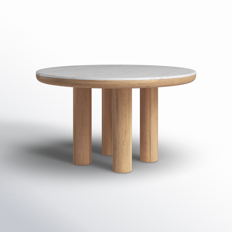 Round White Marble Top Dining Table with Solid Wood Base
