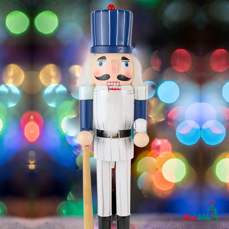 Christmas Baseball Player Nutcracker - Baseball Player With White Pin Stripe Uniform And Bat Holiday Decor Nutcracker