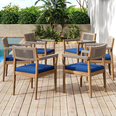 Chaises de salle à manger d'extérieur en bois tressé de 6 avec coussins de finition, corde beige et bleu marine, confortables pour une utilisation longue durée et facile à nettoyer