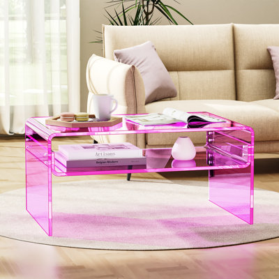 Freysteinn Acrylic Coffee Table,  2 Tiers Clear End Table with Storage Shelf
