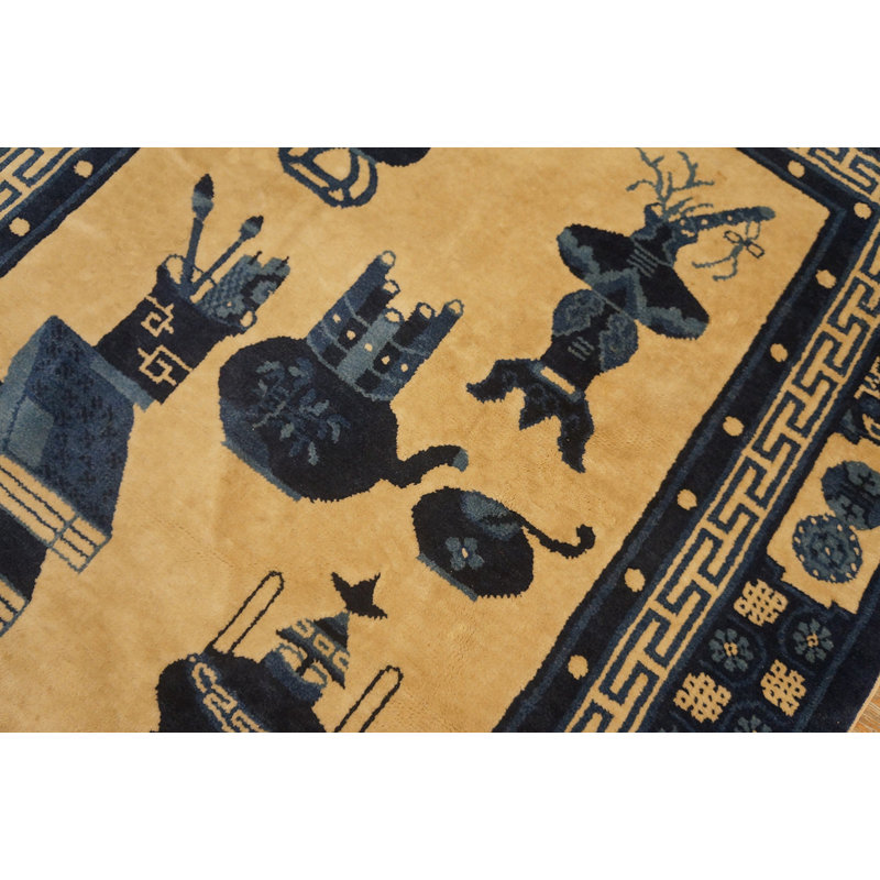 Antique Baotou Small Scatter Size Wool Blue Navy, Ivory Beige Cream White Rug