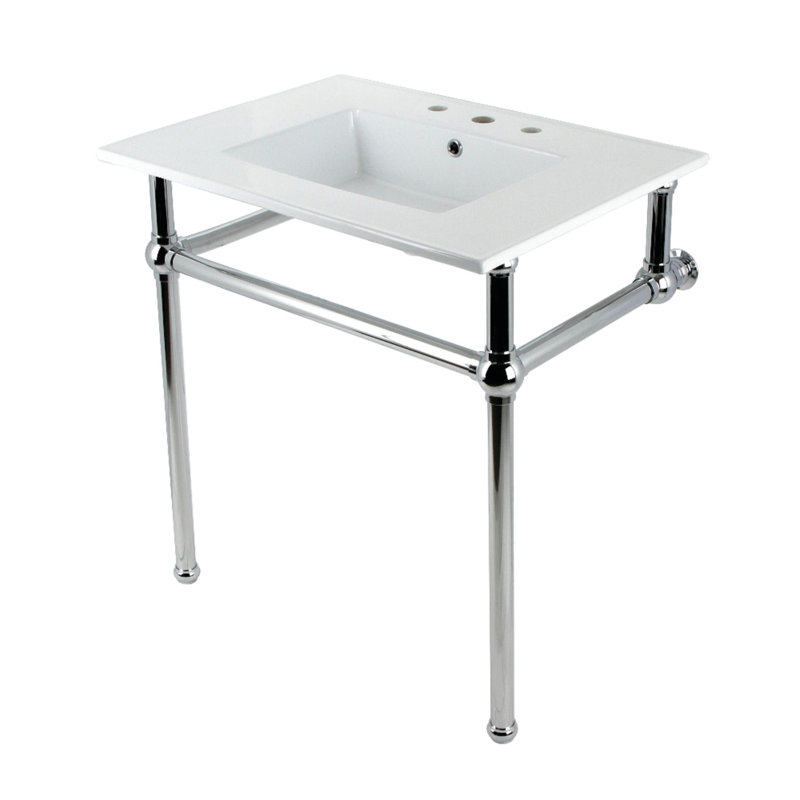 Kingston Brass Templeton 31-Inch Ceramic Console Sink with Brass Legs (8-Inch, 3-Hole), White/Polished Chrome