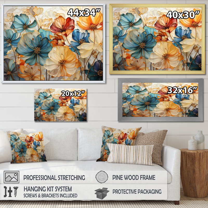 «Teal Orange Petal Mosaics II - Abstract Botanicals», art mural sur toile, H 34 po x l 44 po, Cadre photo unique, Noir