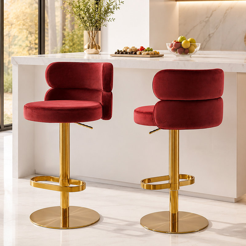 Giacamo Adjustable Height 360° Swivel Velvet Counter & Bar Stool with Low Back and Stainless Steel Pedestal Base (Set of 1)