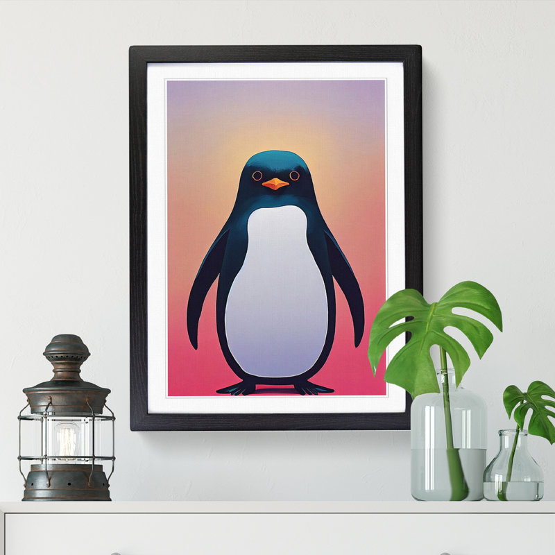 Penguin Painting Vaporwave - Single Picture Frame Print, 46cm H x 34cm W x 2cm D, Oak