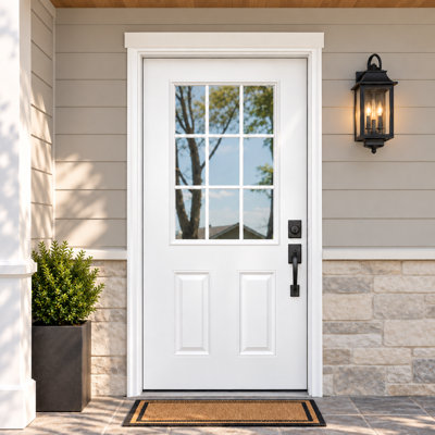 Porte d'entrée en fibre de verre 36 po x 80 po avec verre semi-transparent 9 pi, fond à 2 panneaux, moulure de brique et cadre non assemblé, apprêté blanc