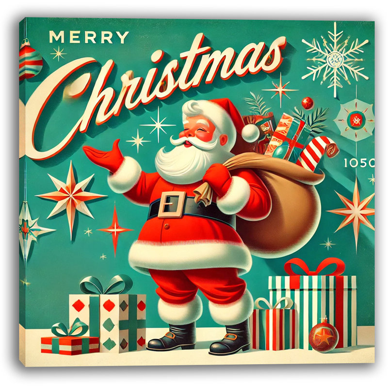 Art rétro sur toile, Père Noël rétro avec sac-cadeau et étoiles joyeuses fêtes, H 30 po x l 30 po x P 1,5 po