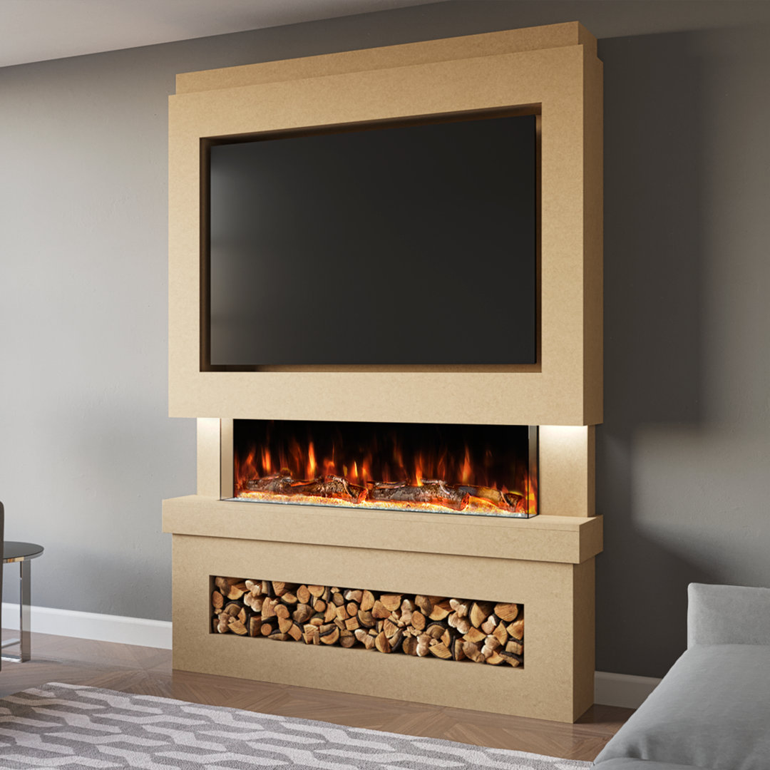 Pre-Built Media Wall Package 6 | Include 44 Inch Spectrum Series 3-Sided Electric Fireplace | TV Feature Wall with LED Flame Effect | Made in the UK
